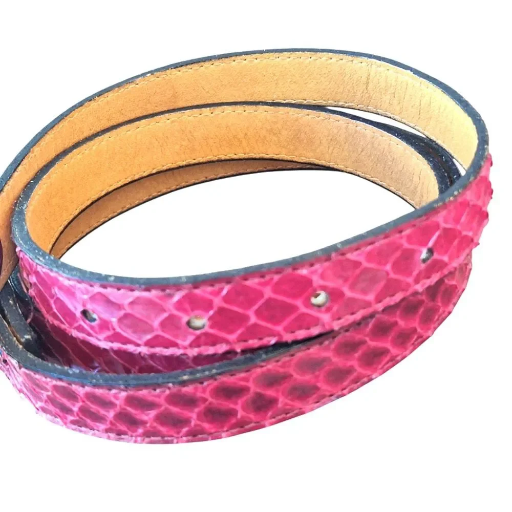Genuine Snakeskin Belt Chrome Buckle Apple Acc of DE NY Magenta VTG 1970s Sz L